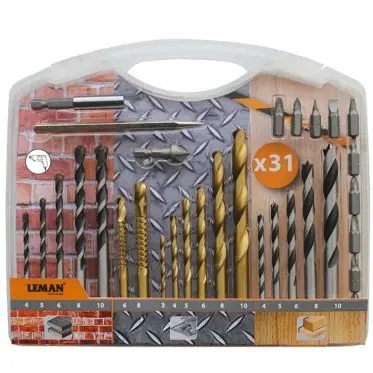 Réduction Coffret forets bois/béton/métal + embouts (31 pièces) - LEMAN